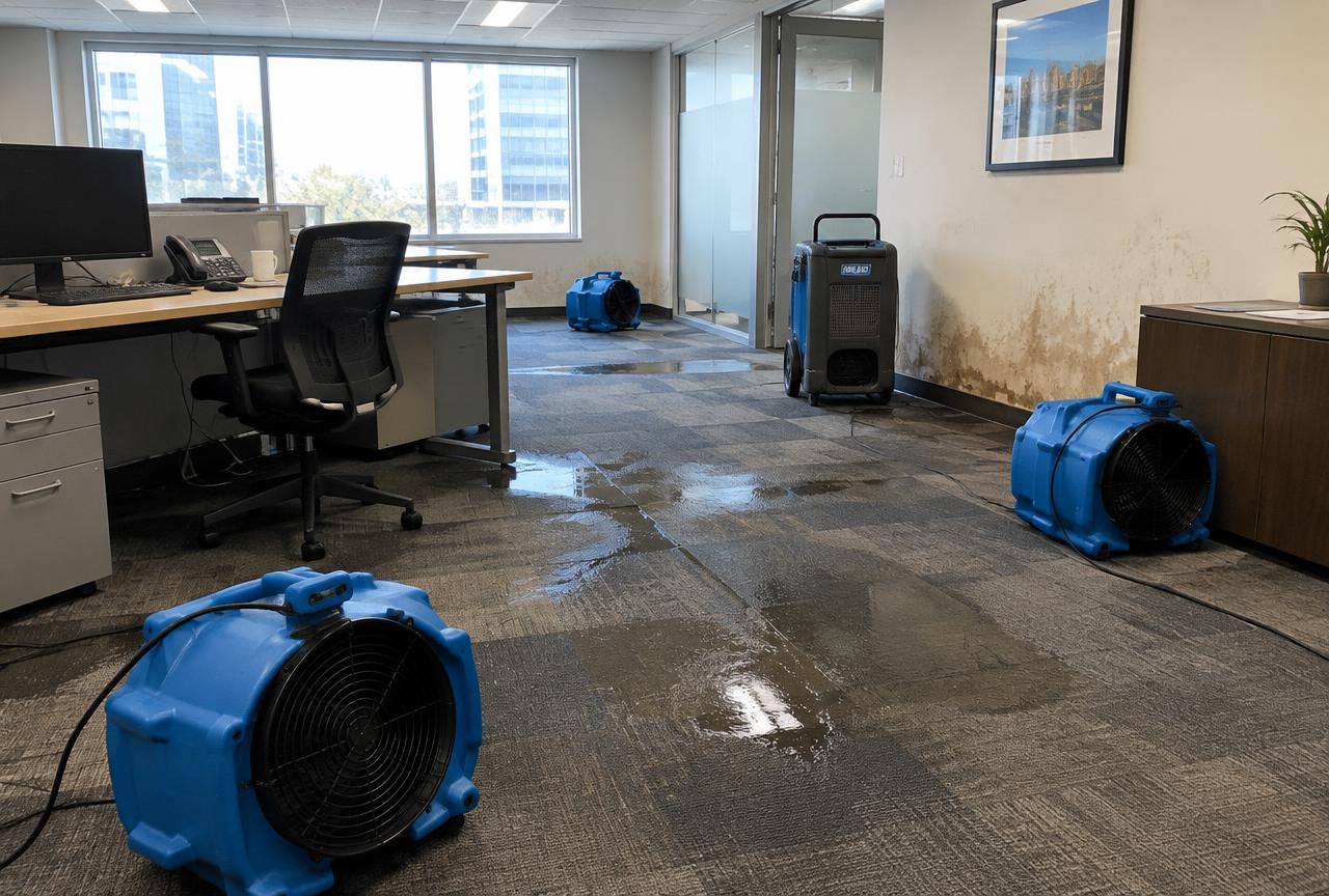 Air movers drying wet carpet tiles in a water-damaged office