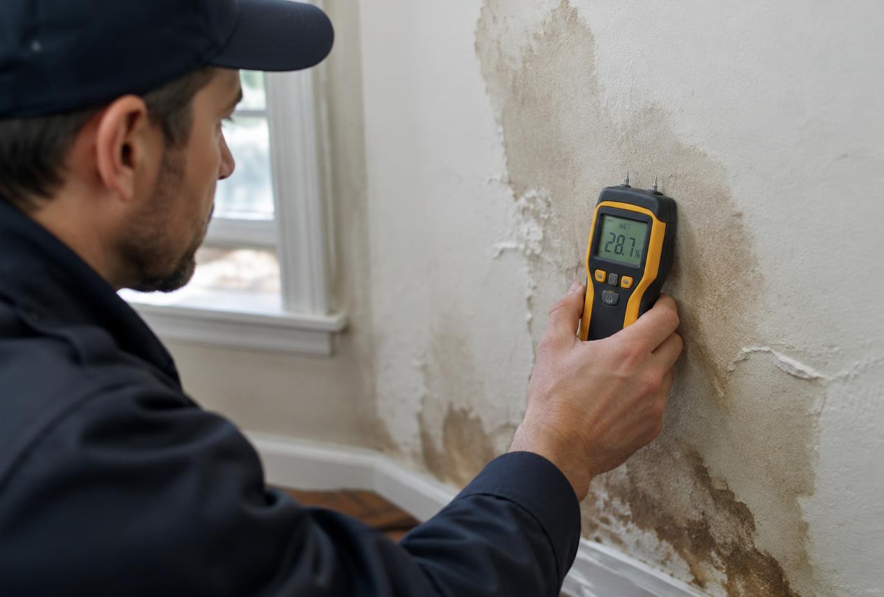Technician checking a water-stained wall with a moisture meter in a home