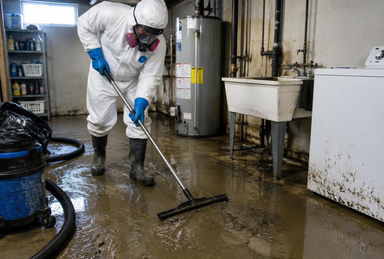Technician in protective suit cleaning up after a basement sewage backup