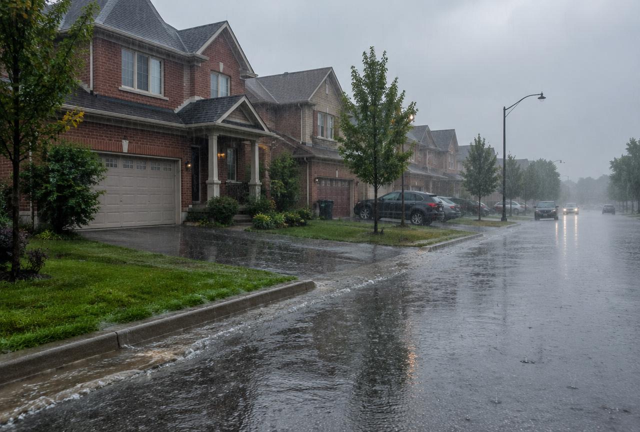 Heavy rain flooding a residential street in Markham, Ontario